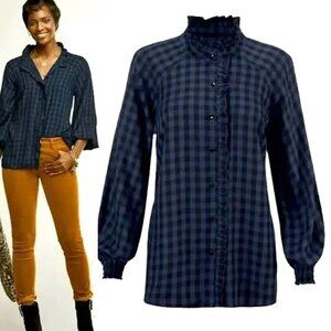 Cabi The Aberdeen Shirt XL Ruffled Smocked Plaid Flannel Blouse
